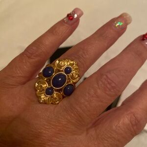 New-Elegant Gold and Blue Statement Ring